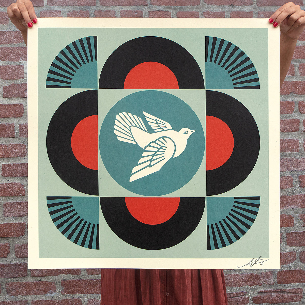 Person holding Geometric Dove -BLACK- Signed Offset Lithograph